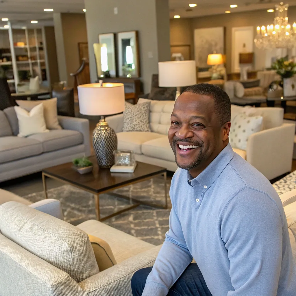 Happy customer smiling in a living room with designer furniture