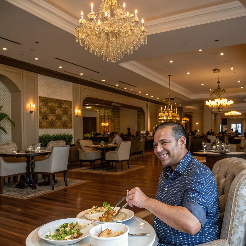 Casual photo of a satisfied customer in an elegant dining area