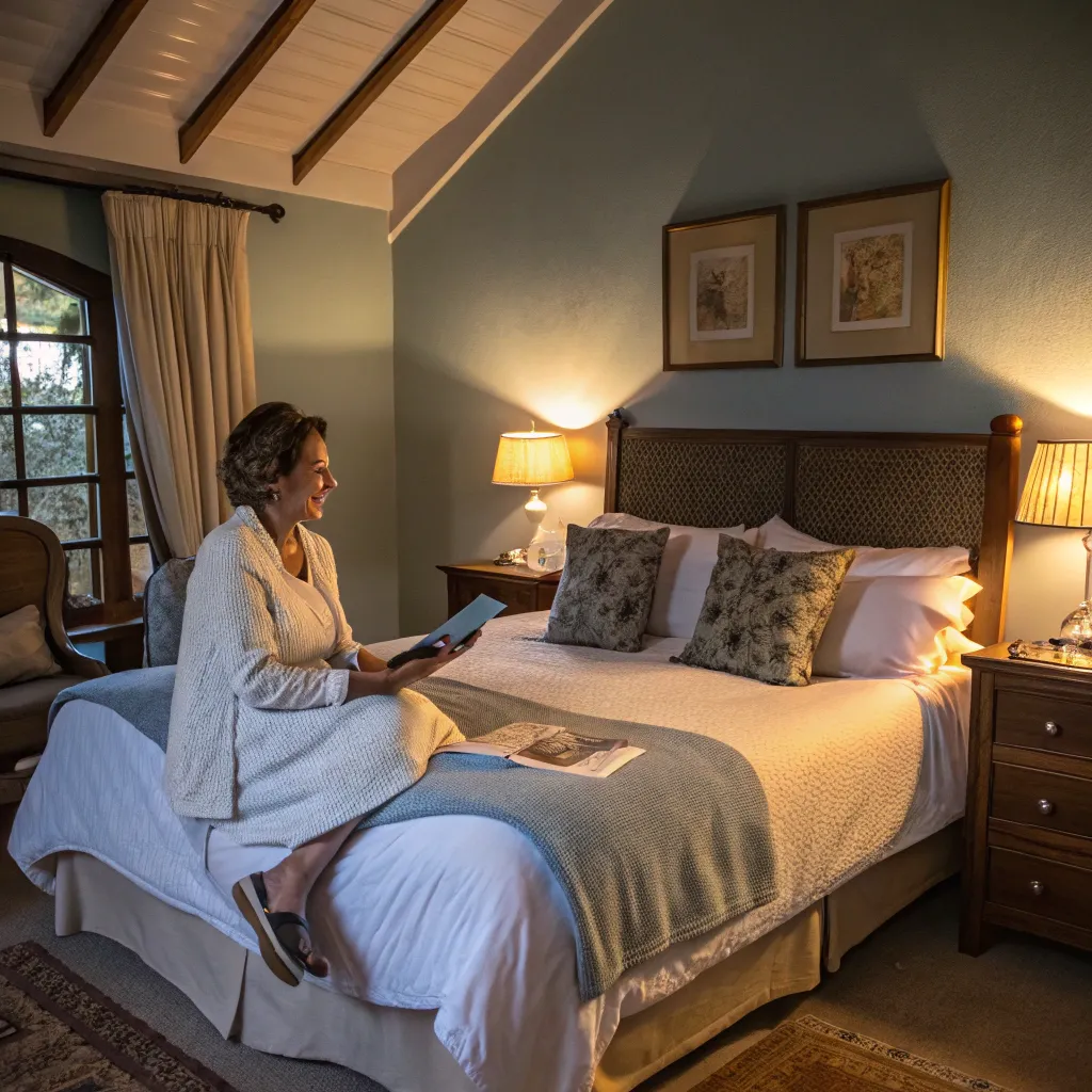 Content customer in a cozy, tastefully furnished bedroom